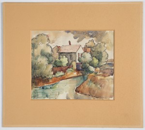 MUO-030457: Krajolik s kućama: akvarel