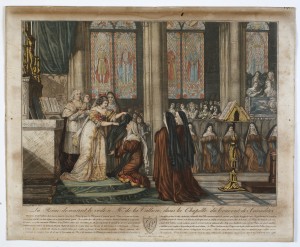 MUO-025356: Kraljica poklanja veo Vojvotkinji de la Valliere u kapeli karmelićanskog samostana: grafika