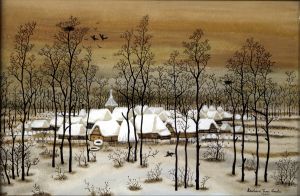 MUO-041001: Kućice pod snijegom: slika na staklu