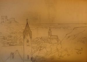MUO-044809/33: Crtež kuće / panorama Šarengrada: arhitektonski crtež