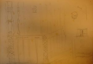 MUO-044809/35: Crtež slavonske seljačke kuće / Detalji drvenih elemenata: arhitektonski crtež