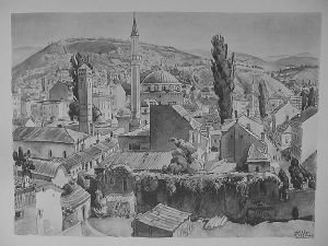 MUO-029894/01: Sarajevo: Pogled na grad i Gazi Husref Begovu džamiju: grafika
