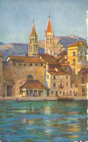 MUO-049397: Trogir - Pogled na kampanil i stari gradski zid: razglednica