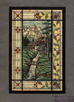 MUO-034682: profani prozor - Planinski pejzaž s mlinom: skica za vitraj