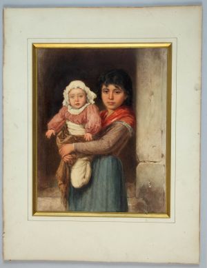 MUO-025382: Djevojčica s djetetom: akvarel
