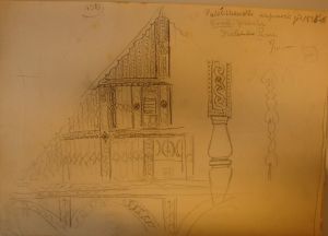MUO-044809/32: Obostrano nacrtani ukrašeni drveni dijelovi seljačkih kuća u Slavoniji: arhitektonski crtež