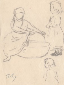 MUO-056532: Skica žene na košari i djevojčice: crtež