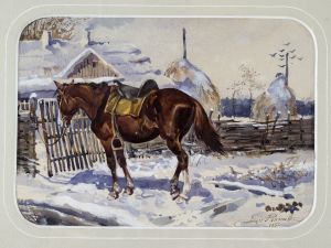 MUO-020758: Konj na snijegu: akvarel
