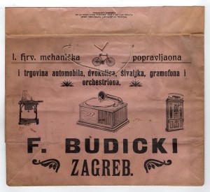 MUO-020852: F. BUDICKI, 1. hrv. mehanička popravljaona i trgovina automobila, dvokolica, šivaljka, gramofona i orchestriona: vrećica