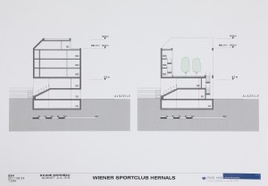 MUO-057615/02: Klupski prostor i sjeverna tribina WSC Hernals i stambena zgrada iznad, Alszeile 19, Beč: arhitektonska studija