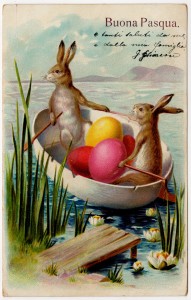 MUO-036991: Zečevi s jajima u čamcu od ljuske: čestitka - fotografija
