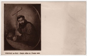 MUO-055477: Franjevački samostan - Visovac na Krki - reprodukcija slike s motivom Franje Asiškog: razglednica
