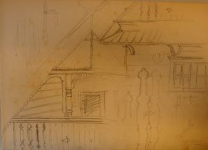 MUO-044809/28: Obostrano nacrtani ukrašeni drveni dijelovi seljačkih kuća u Slavoniji: arhitektonski crtež