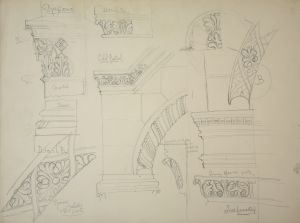 MUO-044809/13: Crtež detalja kapitela i ornamentike lukova đakovačke katedrale: arhitektonski crtež