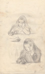 MUO-056449: Skica djevojke koja piše: crtež