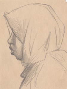 MUO-056516: Profil žene s maramom: crtež