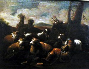 MUO-000006: Krajolik sa pastirom, kozama i ovcama: slika
