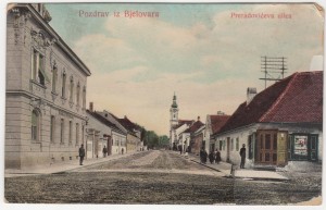MUO-044755: Bjelovar - Preradovićeva ulica s pogledom na katoličku crkvu: razglednica