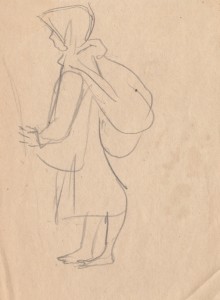 MUO-056514: Žena s vrećom stoji: crtež