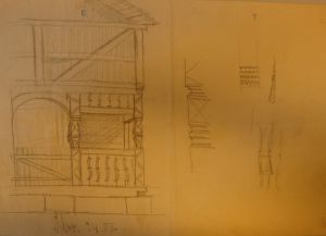 MUO-044809/34: Crtež ukrašenih drvenih dijelova gospodarskoga objekta: arhitektonski crtež