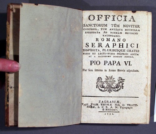 MUO-045118: Officia sanctorum tum noviter...romano seraphici...Pio Papa Vi...Zagrabiae, Typis Joan. Thomae de Trattnern...1792: knjiga
