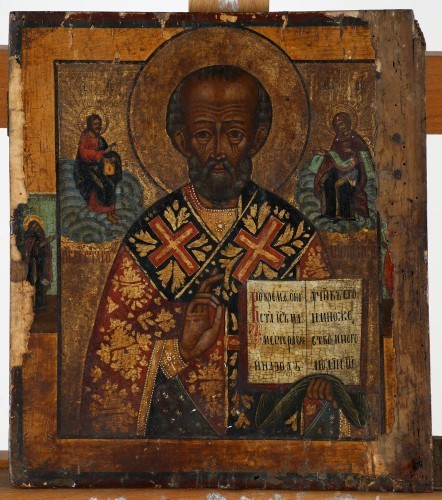MUO-058491: Sveti Nikola s Bogorodicom i Kristom koji sjede na oblacima: ikona