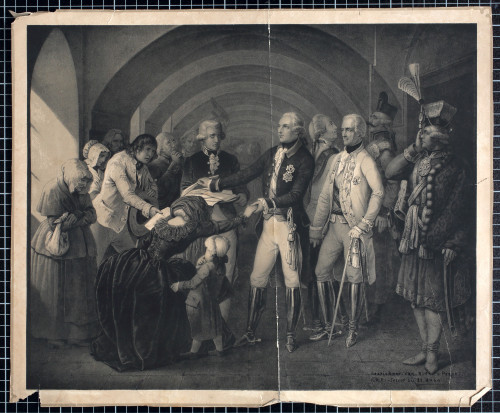 MUO-059831: Prijatelj slobode i njegova naroda, car Josip II., u pratnji maršala Laudona i Lascyja, na audijenciji u Controlorgangeu u Beču: grafika